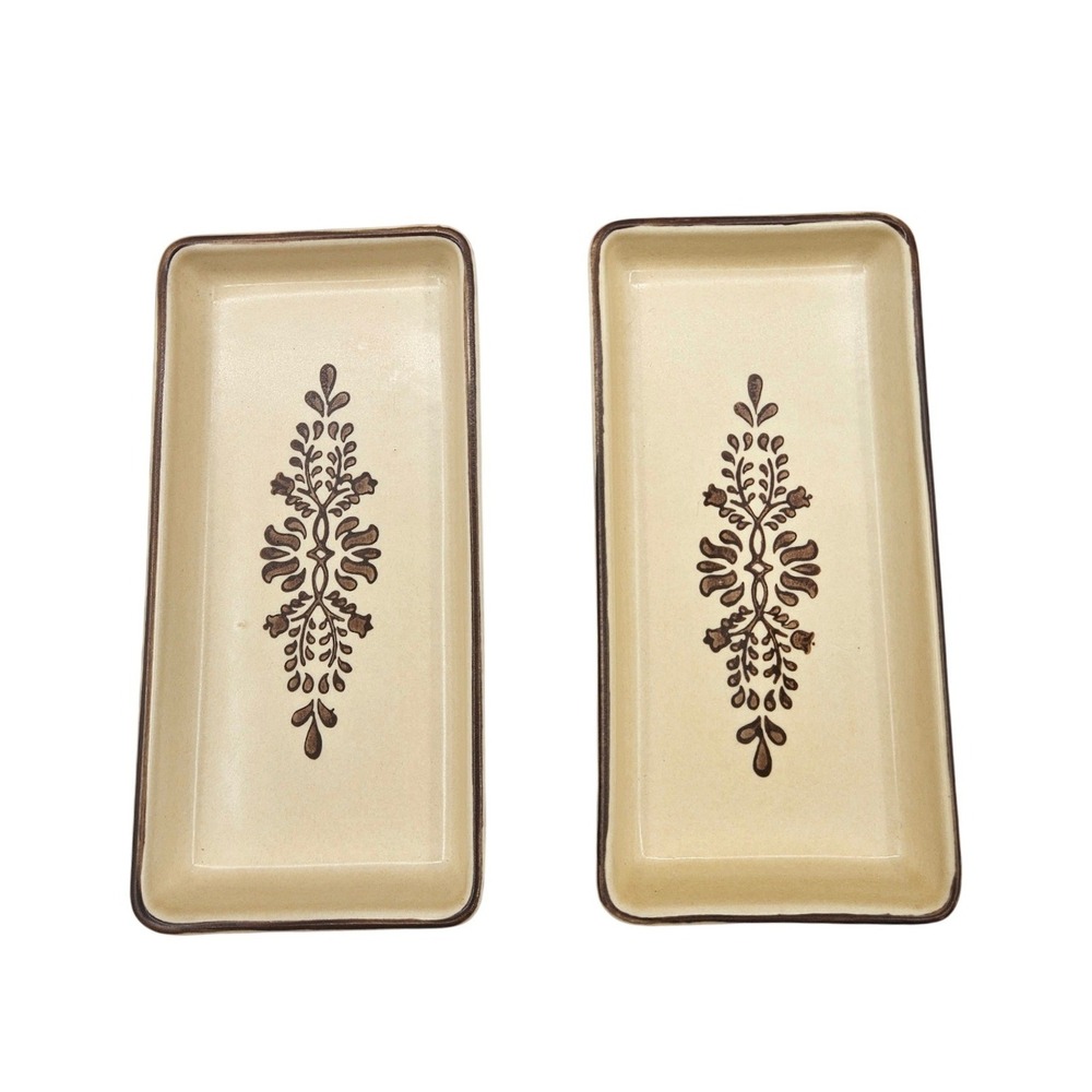 Pfaltzgraff Village Rectangular Trays Set of 2 Brown Floral Stoneware 716-51 USA